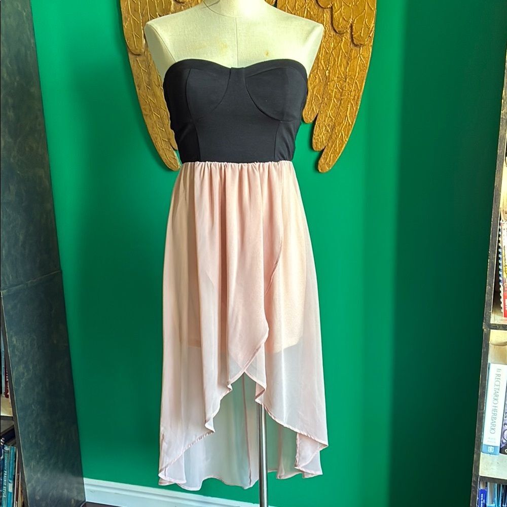 Body Central black & nude strapless hi-low zip up chiffon party dress size S